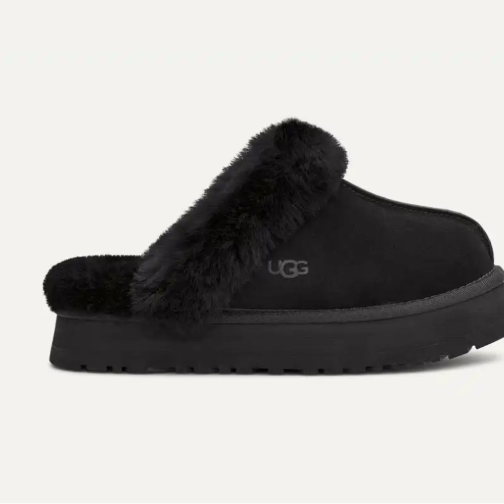 UGG Disquette Black Fur-Lined Slip-On Slippers